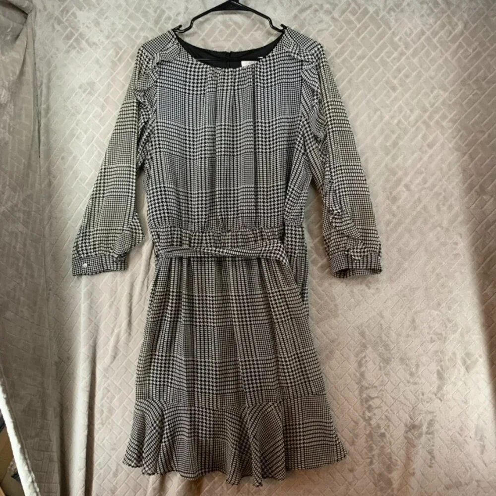 Calvin Klein Womens M Mini Dress Black White Houndstooth Long Sleeve with Belt - Picture 1 of 16